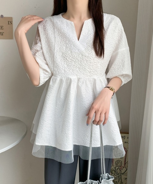 ABITOKYO(アビトーキョー)の「チュールドッキング五分袖キーネックペプラムブラウス(シャツ/ブラウス・レディース・ホワイト/ブラック/モカ/ネイビー/サックスブルー/グリーン・M/L)」の9枚目の写真