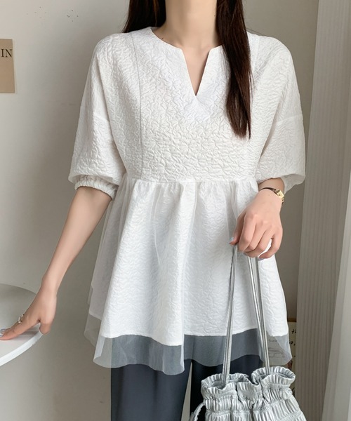 ABITOKYO(アビトーキョー)の「チュールドッキング五分袖キーネックペプラムブラウス(シャツ/ブラウス・レディース・ホワイト/ブラック/モカ/ネイビー/サックスブルー/グリーン・M/L)」の11枚目の写真