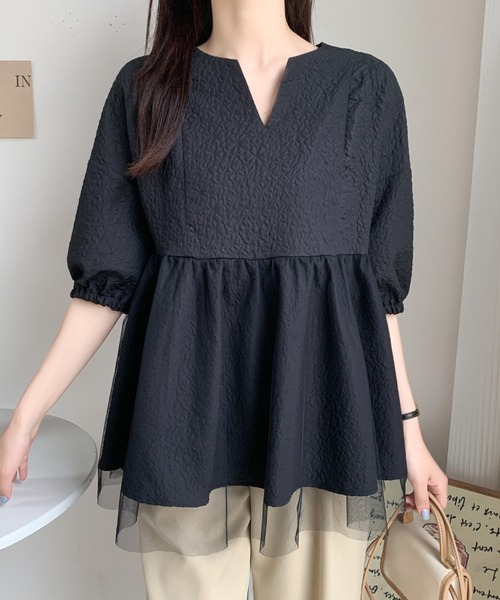 ABITOKYO(アビトーキョー)の「チュールドッキング五分袖キーネックペプラムブラウス(シャツ/ブラウス・レディース・ホワイト/ブラック/モカ/ネイビー/サックスブルー/グリーン・M/L)」の19枚目の写真