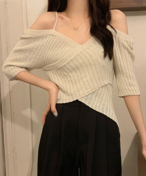 Miniministore(ミニミニストア)の「サマーニットオフショルダーニットトップス(ニット/セーター・レディース・ホワイト/モカ/ブルー/ベージュ/ブラック・FREE)」の6枚目の写真