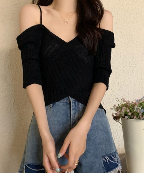 Miniministore(ミニミニストア)の「サマーニットオフショルダーニットトップス(ニット/セーター・レディース・ホワイト/モカ/ブルー/ベージュ/ブラック・FREE)」の11枚目の写真