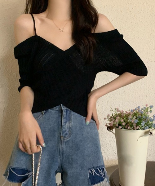 Miniministore(ミニミニストア)の「サマーニットオフショルダーニットトップス(ニット/セーター・レディース・ホワイト/モカ/ブルー/ベージュ/ブラック・FREE)」の14枚目の写真