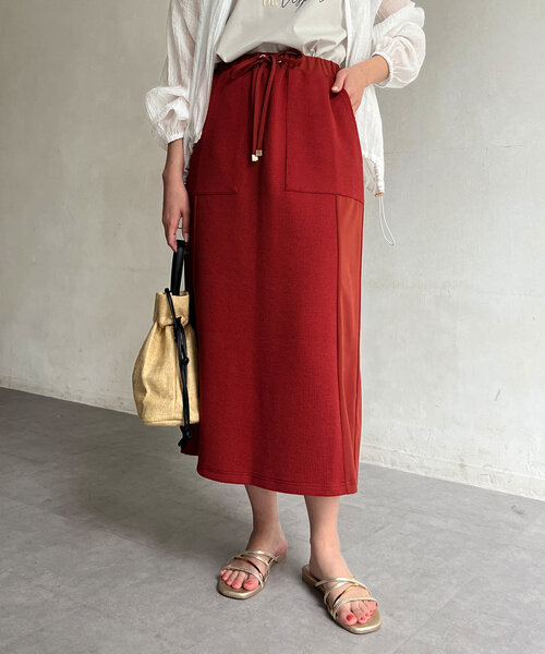 Chez toi（シェトワ）の「ワッフルナロースカート（スカート・レディース・ライトグレー/オフホワイト/レッド/ブラック・FREE）」の2枚目の写真