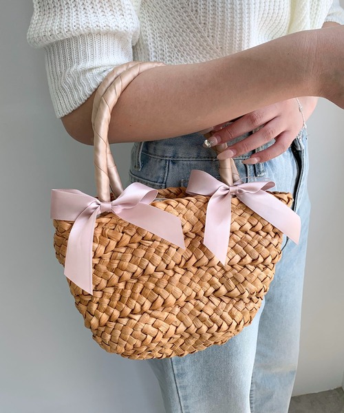 Teem Store（チームストア）の「リボン モチーフ ザツザイ バッグ（かごバッグ・レディース・ブラック/ベージュ・F）」の2枚目の写真