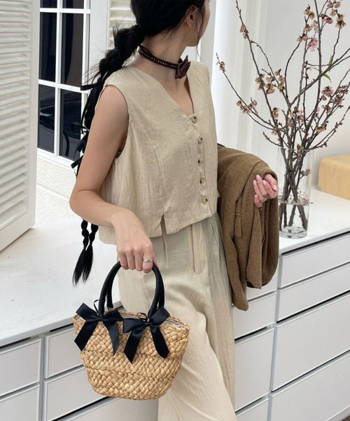 Teem Store（チームストア）の「リボン モチーフ ザツザイ バッグ（かごバッグ・レディース・ブラック/ベージュ・F）」の10枚目の写真