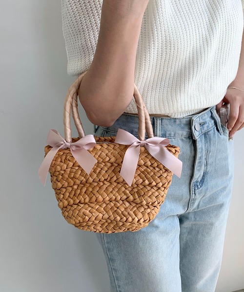 Teem Store（チームストア）の「リボン モチーフ ザツザイ バッグ（かごバッグ・レディース・ブラック/ベージュ・F）」の4枚目の写真