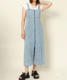 《ZIPフロント×スリット》レディース デニム ロングワンピース ジャンスカ風 春夏秋