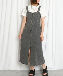 《ZIPフロント×スリット》レディース デニム ロングワンピース ジャンスカ風 春夏秋