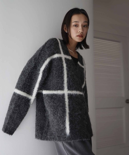 hellam（へラム）の「シャギーニットチェックカーディガン（カーディガン/ボレロ・レディース・アイボリー/杢グレー/チャコール・FREE）」の6枚目の写真