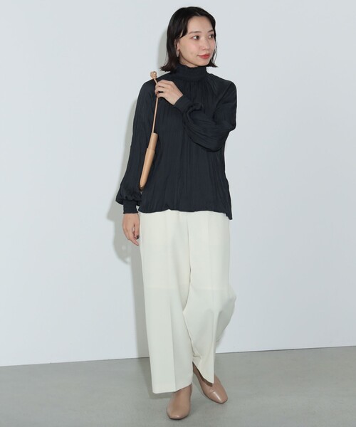 BEAMS - ◆LAPIS LUCE ビームス グレー シャーリングブラウス BEAMS WOMEN｜ストライプ シャーリング フレンチスリーブ