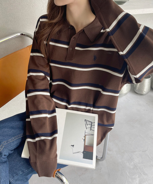 U.S. POLO ASSN.(ユーエスポロアッスン)の「U.S. POLO ASSN. Ada.別注 長袖 ボーダー ニット ポロシャツ(ニット/セーター・レディース・ブラウン/ライトベージュ/チャコール・S/L/M)」の7枚目の写真