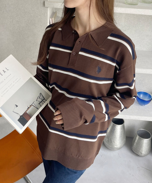 U.S. POLO ASSN.(ユーエスポロアッスン)の「U.S. POLO ASSN. Ada.別注 長袖 ボーダー ニット ポロシャツ(ニット/セーター・レディース・ブラウン/ライトベージュ/チャコール・S/L/M)」の14枚目の写真