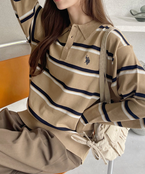 U.S. POLO ASSN.(ユーエスポロアッスン)の「U.S. POLO ASSN. Ada.別注 長袖 ボーダー ニット ポロシャツ(ニット/セーター・レディース・ブラウン/ライトベージュ/チャコール・S/L/M)」の10枚目の写真
