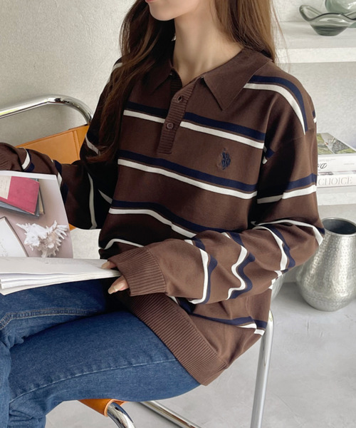 U.S. POLO ASSN.(ユーエスポロアッスン)の「U.S. POLO ASSN. Ada.別注 長袖 ボーダー ニット ポロシャツ(ニット/セーター・レディース・ブラウン/ライトベージュ/チャコール・S/L/M)」の15枚目の写真