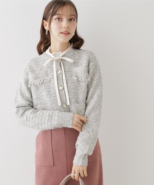 couture brooch(クチュールブローチ)の「◆【上品な着こなしが叶う】ツイード風ニットジャケットカーディガン(カーディガン/ボレロ・レディース・チャコールグレー/グレー/アイボリー・38)」の5枚目の写真