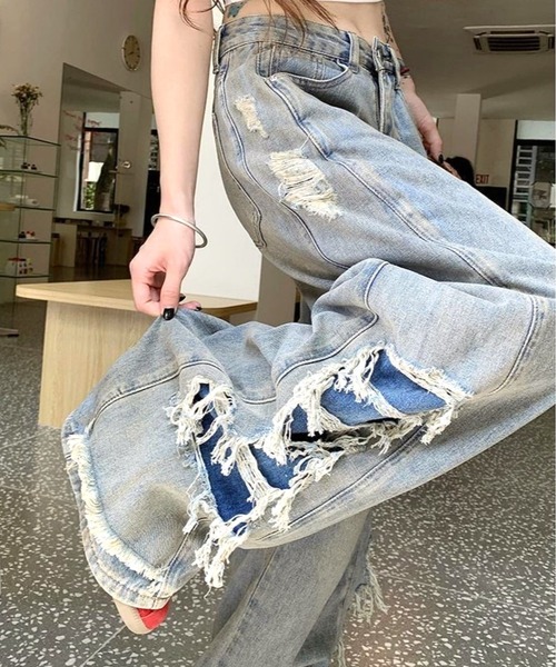 セール】【CANVAS+】サイド切り替えダメージデニムパンツ（デニム