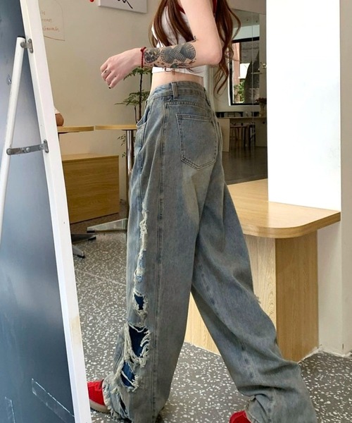 CANVAS+（キャンバスプラス）の「【CANVAS+】サイド切り替えダメージデニムパンツ（デニムパンツ）」 - WEAR