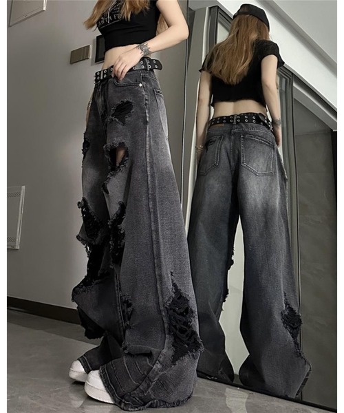 FUNdaysion(ファンデイション)の「クラッシュダメージルーズデニムパンツ(デニムパンツ・レディース・ブラック・M/L/S)」の4枚目の写真