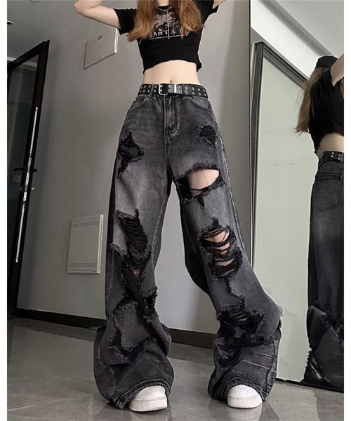 FUNdaysion(ファンデイション)の「クラッシュダメージルーズデニムパンツ(デニムパンツ・レディース・ブラック・M/L/S)」の8枚目の写真