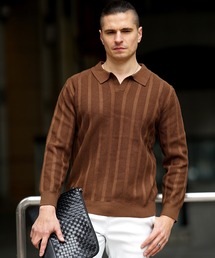 SOMEDIFF | 長袖ストライプニットポロシャツ メンズ ロングスリーブシャツ スリム 春服(ポロシャツ)