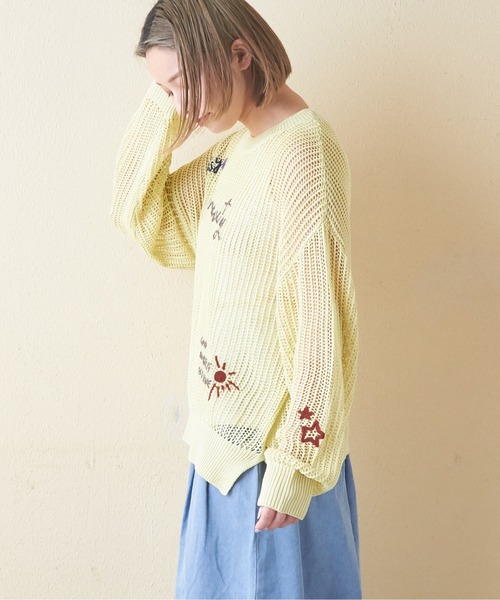 セール】麻タッチニットロゴ刺繍メッシュプルオーバー（ニット