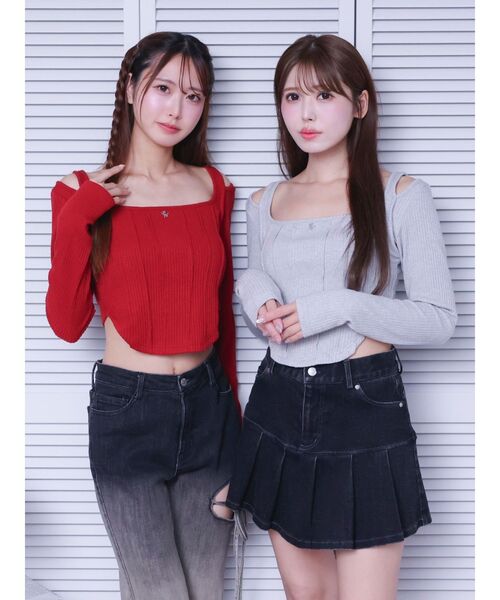 セール】カットアウトショルダーリブTOP（Tシャツ/カットソー