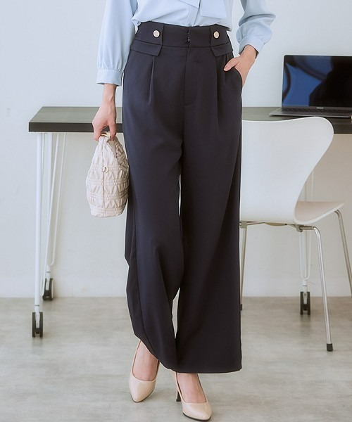 7days Life Styling（セブンデイズライフスタイリング）の「【しわになりにくい・ストレッチ】ハイウエスト金ボタンパンツ（とろみシリーズ）<大きいサイズ有>（スラックス・レディース・ブラック/ネイビー/モカ・LL/3L/S/M/L）」の3枚目の写真