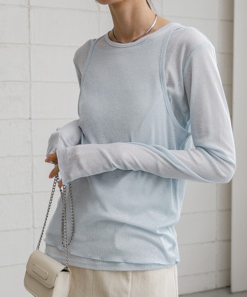 Bab（バブ）の「【2点セット】レイヤードセットシアーカットソー（Tシャツ/カットソー・レディース・オフホワイト/ライトブルー/ブラック・FREE）」の3枚目の写真