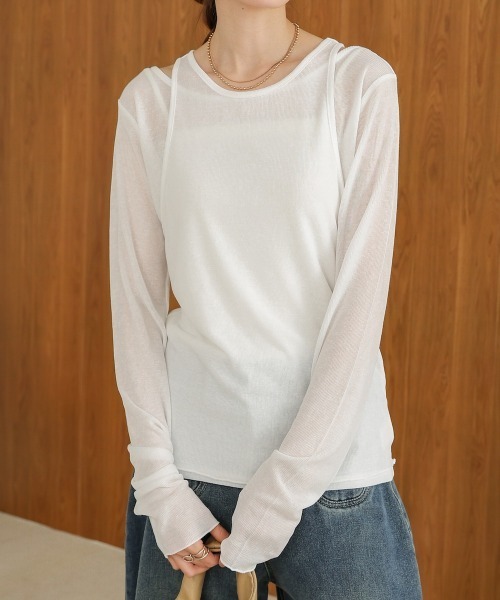 Bab（バブ）の「【2点セット】レイヤードセットシアーカットソー（Tシャツ/カットソー・レディース・オフホワイト/ライトブルー/ブラック・FREE）」の7枚目の写真