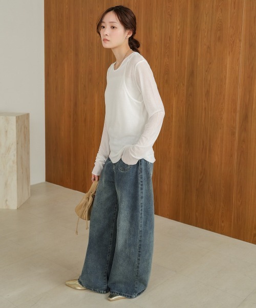 Bab（バブ）の「【2点セット】レイヤードセットシアーカットソー（Tシャツ/カットソー・レディース・オフホワイト/ライトブルー/ブラック・FREE）」の8枚目の写真
