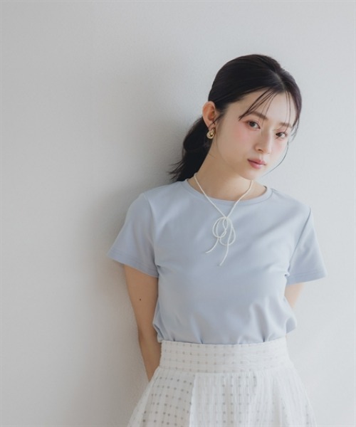 Petitjo（プッチージョ）の「小さいサイズ　綿混コンパクトTシャツ　低身長さん・小柄女性（Tシャツ/カットソー・レディース・ホワイト/ブルー・PL/PSS/PS/PM）」の2枚目の写真