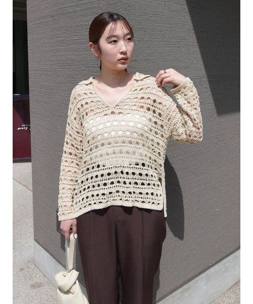 MANOF（マノフ）の「CROCHET KNIT TOPS（ニット/セーター・レディース・グリーン/ブラック/ベージュ・FREE）」の2枚目の写真