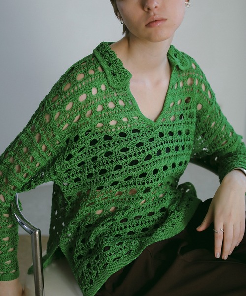 MANOF（マノフ）の「CROCHET KNIT TOPS（ニット/セーター・レディース・グリーン/ブラック/ベージュ・FREE）」の3枚目の写真