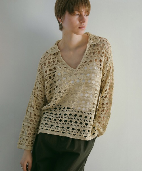 MANOF（マノフ）の「CROCHET KNIT TOPS（ニット/セーター・レディース・グリーン/ブラック/ベージュ・FREE）」の4枚目の写真
