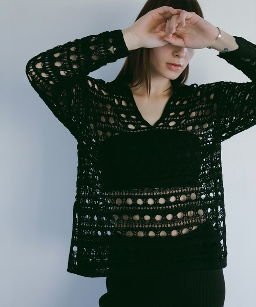 MANOF（マノフ）の「CROCHET KNIT TOPS（ニット/セーター・レディース・グリーン/ブラック/ベージュ・FREE）」の5枚目の写真