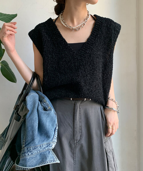 DouDou（ドゥドゥ）の「ニットツイード深Vベスト（ニット/セーター・レディース・ブラック/ライトベージュ・FREE）」の10枚目の写真