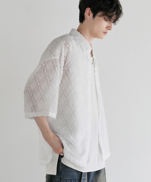 LILL ルーズシルエットフリンジシアーハーフスリーブシャツ 完売品 セール】ルーズシルエットフリンジシアーハーフスリーブシャツ