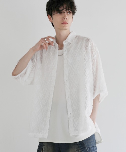 LILL(リル)の「ルーズシルエットフリンジシアーハーフスリーブシャツ(シャツ/ブラウス・メンズ・ブルーグレー/ホワイト/ブラック/ネイビー/ワイン・XL/L/M/S)」の7枚目の写真