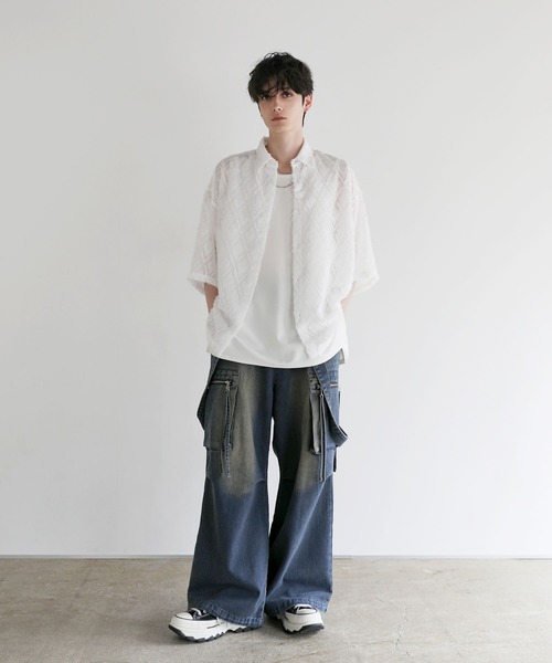 LILL(リル)の「ルーズシルエットフリンジシアーハーフスリーブシャツ(シャツ/ブラウス・メンズ・ブルーグレー/ホワイト/ブラック/ネイビー/ワイン・XL/L/M/S)」の10枚目の写真
