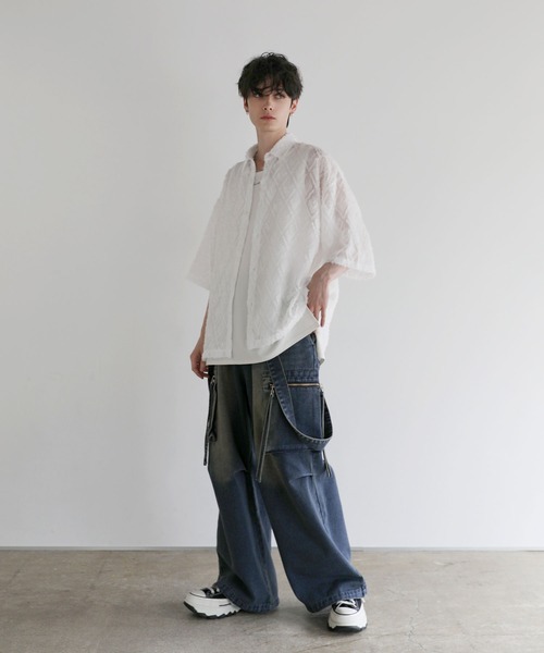セール】ルーズシルエットフリンジシアーハーフスリーブシャツ