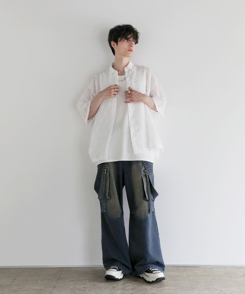 LILL(リル)の「ルーズシルエットフリンジシアーハーフスリーブシャツ(シャツ/ブラウス・メンズ・ブルーグレー/ホワイト/ブラック/ネイビー/ワイン・XL/L/M/S)」の12枚目の写真