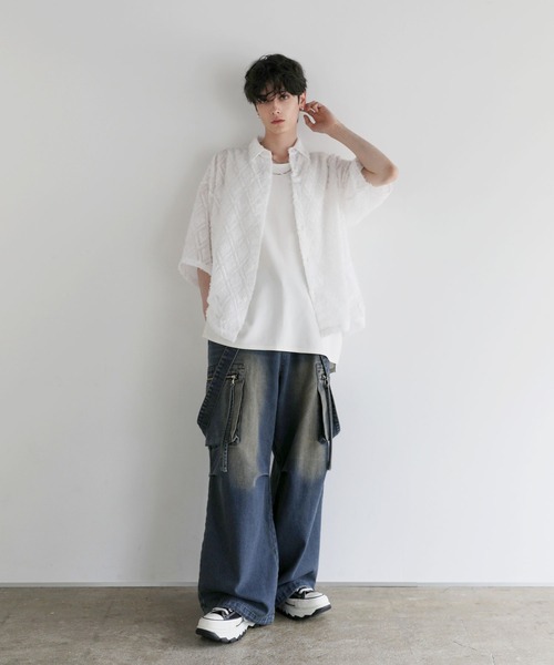 LILL(リル)の「ルーズシルエットフリンジシアーハーフスリーブシャツ(シャツ/ブラウス・メンズ・ブルーグレー/ホワイト/ブラック/ネイビー/ワイン・XL/L/M/S)」の13枚目の写真
