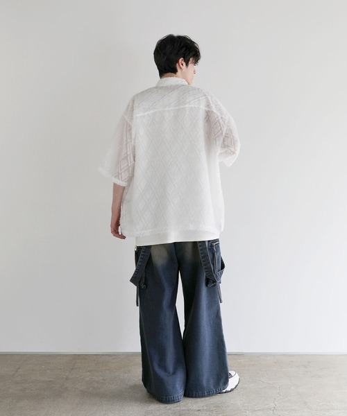 LILL(リル)の「ルーズシルエットフリンジシアーハーフスリーブシャツ(シャツ/ブラウス・メンズ・ブルーグレー/ホワイト/ブラック/ネイビー/ワイン・XL/L/M/S)」の14枚目の写真