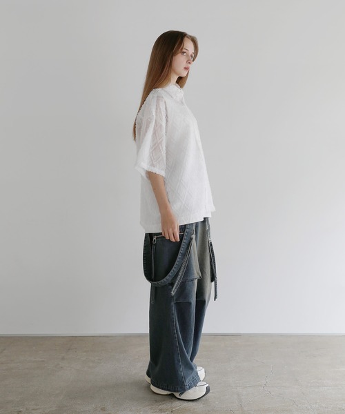 LILL ルーズシルエットフリンジシアーハーフスリーブシャツ 完売品 セール】ルーズシルエットフリンジシアーハーフスリーブシャツ