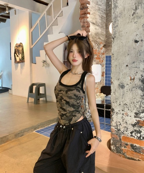 セール】カモフラージュ 迷彩 タンクトップ 韓国ファッション 韓国