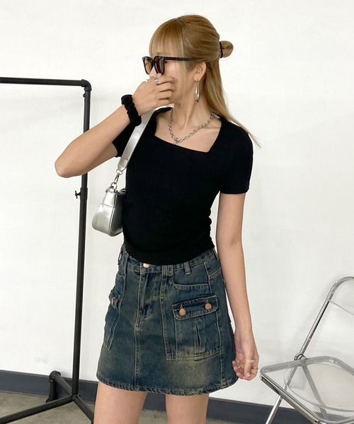 non-hedge(ノンヘッジ)の「シュシュ付リブショート丈スクエアTシャツ(Tシャツ/カットソー・レディース・オフホワイト/ブラック/グレー/ベージュ・FREE)」の11枚目の写真