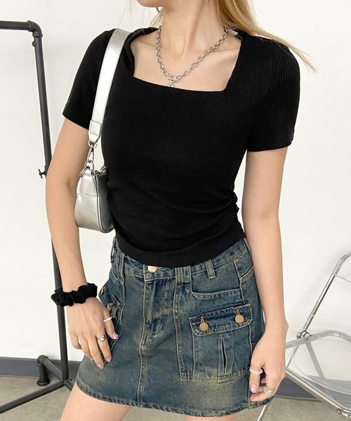 non-hedge(ノンヘッジ)の「シュシュ付リブショート丈スクエアTシャツ(Tシャツ/カットソー・レディース・オフホワイト/ブラック/グレー/ベージュ・FREE)」の13枚目の写真