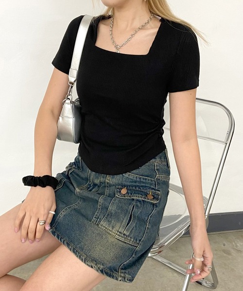 non-hedge(ノンヘッジ)の「シュシュ付リブショート丈スクエアTシャツ(Tシャツ/カットソー・レディース・オフホワイト/ブラック/グレー/ベージュ・FREE)」の12枚目の写真