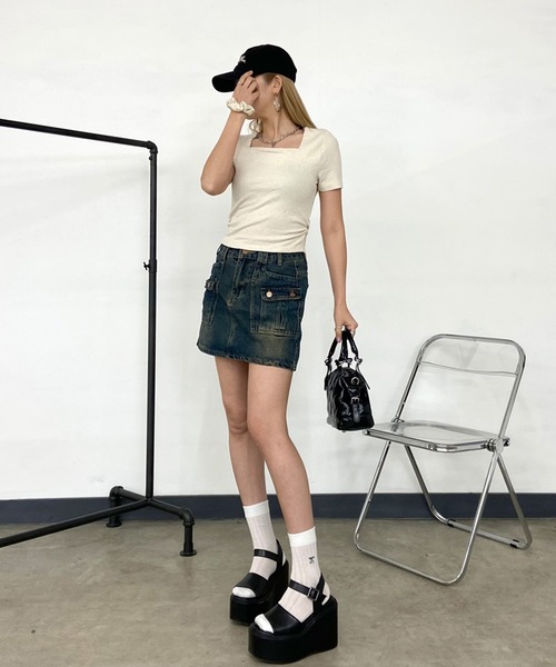 non-hedge(ノンヘッジ)の「シュシュ付リブショート丈スクエアTシャツ(Tシャツ/カットソー・レディース・オフホワイト/ブラック/グレー/ベージュ・FREE)」の14枚目の写真