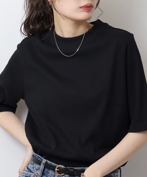 atONE(アットワン)の「2×2リブ プチハイネック半袖Tシャ(Tシャツ/カットソー・レディース・オフホワイト/ブラック・3L/4L/L/LL/M)」の3枚目の写真